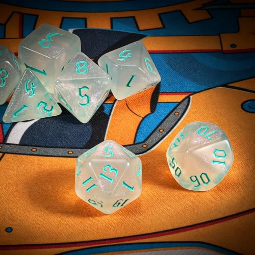 QMAY DND Dice Set -D&D Polyhedral Dice (7 Pcs) for Dungeons and Dragons (Transparent White Glitter) - color: Transparent White Glitter