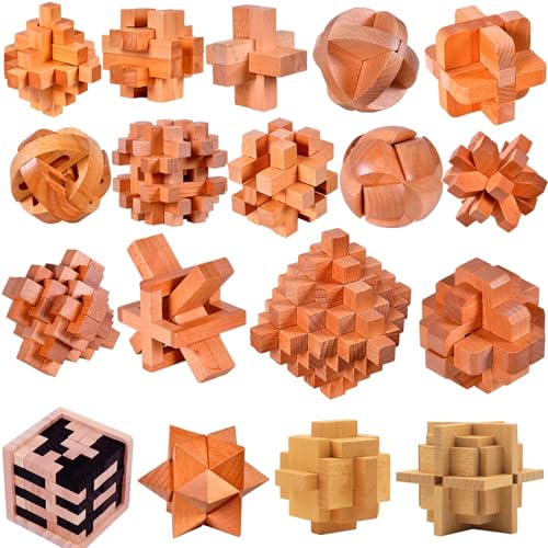 18 Pack Large Wooden Brain Teaser Puzzles Wooden Burr Puzzles Brain Teaser Puzzle with Gift Packing Box Magic Puzzle Games Toys Stocking Stuffers Party Favors for Kids and Adults (Natural Wood) - style: Natural Wood