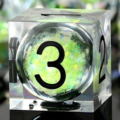 DNDND Luminous Liquid Sharp-Edge Dice Set 7PCS - Clear Resin Polyhedral Dice with Glow-in-the-Dark Green Liquid Orb & Glitter for D&D RPG Table Games （Glow Green - color: Glow Green