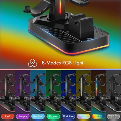 PS5 Controller Charger with Headphone Stand, RGB PS5 Controller Charging Station Dock with 3 USB Ports, Headset and Controllers Holder Stand for PlayStation 5 & DualSense Edge Controllers - size: Charger with Holder for PS5