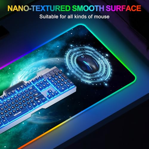 Large RGB Gaming Mouse Pad, Led Big Mouse mat with 14 Light Modes, Extended Soft Computer Keyboard Mat Non-Slip Rubber Base, Green Planet Nebula - color: Green Planet Nebula