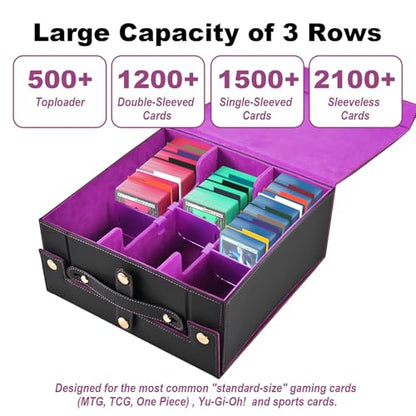 Cieex Trading Card Storage Box with Handle, 3-Row Cards Box for Sport Card | Fits 2100+ Single Sleeved, Commander Cards Box for MTG TCG, Foldable Card Holder with 1 Small Card Case 10 Divider 3 Stopper