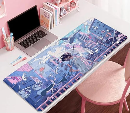 Japanese Fantasy City Boy Mouse Pad Desk Pad,Cute Kawaii Anime Mousepad,Large Extended Gaming Mouse Mat with Stitched Edges Non-Slip Waterproof Rubber Base Mous Mat for Desk Pad(27.5X11.8 in) - color: Japanese Animation