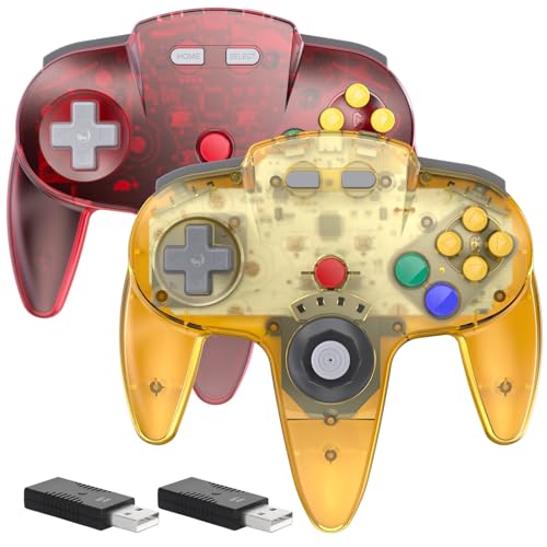 2 Pack 2.4 GHz USB Wireless N64 Controller Made for Switch 1 & 2 Console | (Built-in Vibration) (Rechargeable) (3D Analog Stick), Compatible with Switch Online, Windows PC, macOS, Clear Yellow/Red - color: Wireless Clear Yellow/Red