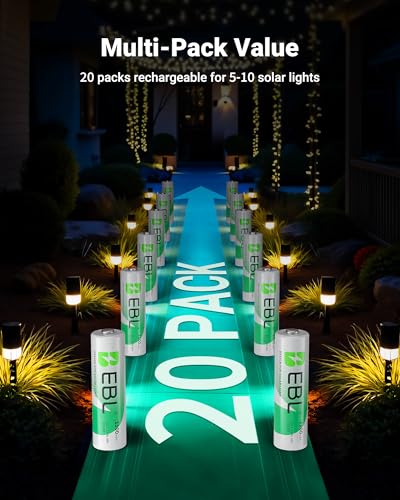 EBL 1100mAh Solar AA Batteries for Solar Lights Garden Lights 20 Pack | Mercury-Free, 1200 Cycles, NiMH, Pre Charged AA Rechargeable Batteries 1.2V High Performance for Household Devices - size: Pack of 20 AA, style: AA