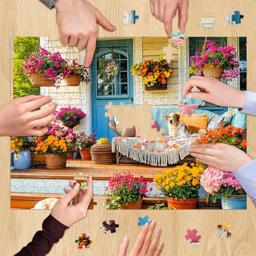 300 Piece Puzzles for Adult, Colorful Flower and Cute Puppy Jigsaw Puzzle - style: House and Puppy