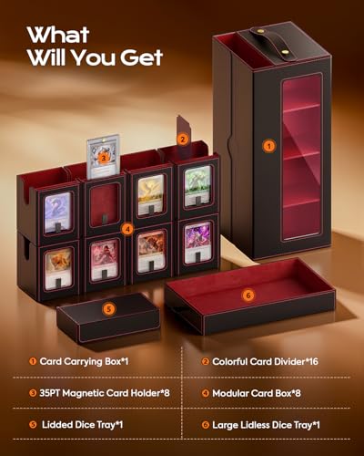 MoKo Commander Deck Box for MTG with Handle & Dice Tray, 8+2 Modular Design | 8-Deck Modular Card Case, Magnetic Holders & Dividers Included, Holds 1040+Double-Sleeved Cards, Playmat Storage, Fit TCG/EDH - color: Black Red
