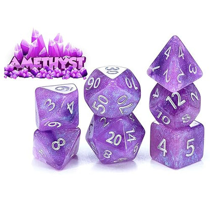 Gate Keeper Games and Dice: Aether Dice: Amethyst - 7pc Set, Purple & White Glitter Swirl, 7 Resin Dice for Role Playing Games - style: Amethyst