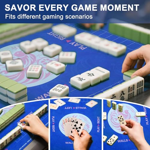 Mahjong Mat with Carrying Bag, Blue Mahjong Table Mat with Rules | Anti Slip & Noise Reduction, Easy to Carry, 31.5" x 31.5" Neoprene Mahjong Mats, Elegant Print & Soft Surface Gaming Mat - color: Blue
