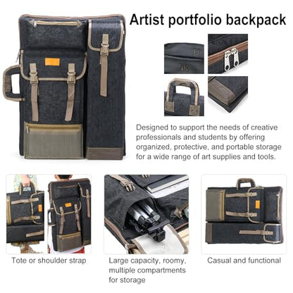TRANSON Art Portfolio Case Artist Backpack Canvas Bag Large 26” x 19.5” - color: Black
