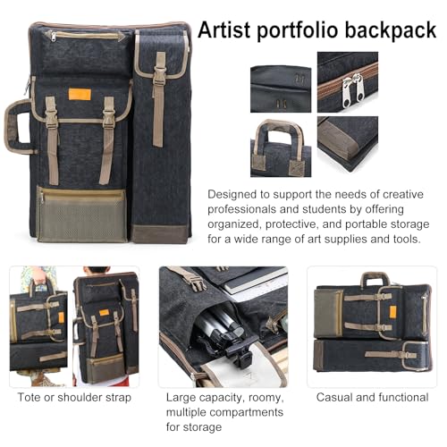 TRANSON Art Portfolio Case Artist Backpack Canvas Bag Large 26” x 19.5” - color: Black