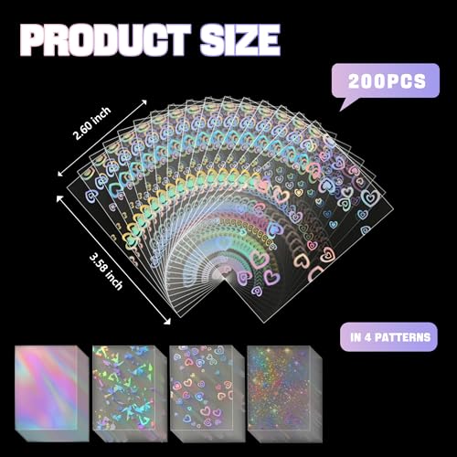 200pcs Holographic Card Sleeves 66x91mm Cute Photocard Sleeves Laser Flashing Trading Card Sleeve for MTG, TCG, Baseball, Football, Game Cards Collectors Heavy Duty 4 Mil Protector PP 4 Designs - style: Front Holographic Back Clear