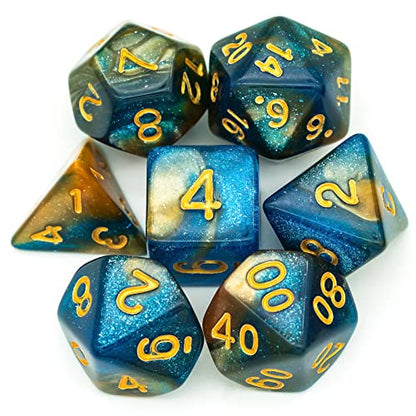 7-Die DND Dice Set Polyhedral Dice Set with a Leather Dice Bag, D&D Dice Set for RPG Table Games (Blue Yellow/Glitter) - color: Blue Yellow/Glitter