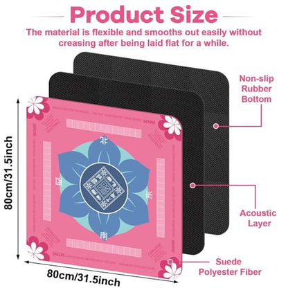 Mahjong Mat 31.5" x 31.5" Mahjong Table Mat with Rules Anti Slip Noise Reduction Pink Flower Gaming Tablecloth for Poker, Card, Board Tile Games Mah Jongg Table Cover with Carrying Bag (Pink) - style: Pink Flower