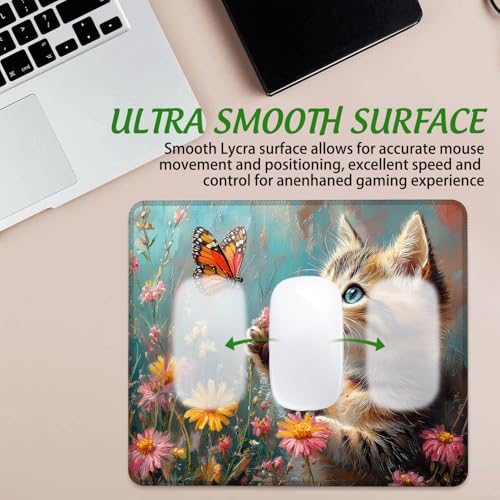 Cat Flowers Butterfly Mouse Pad Square Mouse Pads with Stitched Edge, Computer Mousepad with Non-Slip Rubber Base for Computer Laptop Office Desk Accessories 9.5x8 Inches - color: Cat Flowers Butterfly