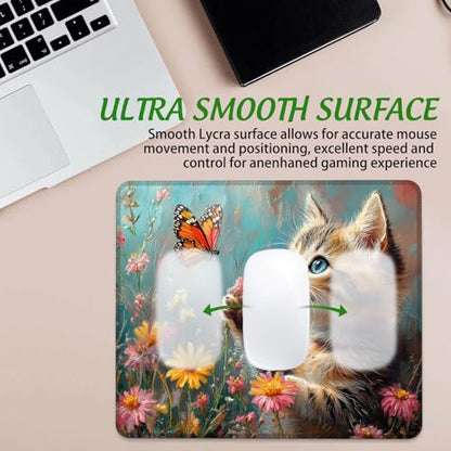 Cat Flowers Butterfly Mouse Pad Square Mouse Pads with Stitched Edge, Computer Mousepad with Non-Slip Rubber Base for Computer Laptop Office Desk Accessories 9.5x8 Inches - color: Cat Flowers Butterfly