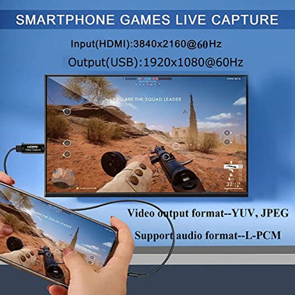 Video Capture Card, Hdmi Video Capture Card, USB Capture Card,4K HDMI to USB2.0, Record via DSLR Camcorder Cam for High Definition Acquisition, for Broadcasting, Amamzing Record, Meeting,ect. (Black)