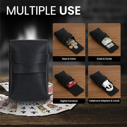 Black Leather Playing Card Case Holder, Handmade Full-Grain Leather Playing Card Storage Box, Coin Pouch Deck of Cards Case Holder Fits Poker & Bridge Size Cards, Playing Card Travel Case - color: Black
