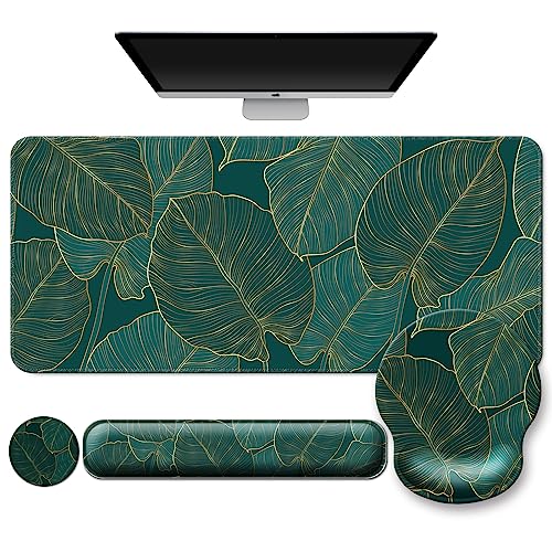 4 in 1 Mouse Pad Set with Wrist Rest for Keyboard,Desk Mat,Coaster-Leaves | Desk Matt for Desktop Cute Ergonomic Keyboard Pad Support For Gaming Computer Women Office Home Decor - color: D1-Green Leaves