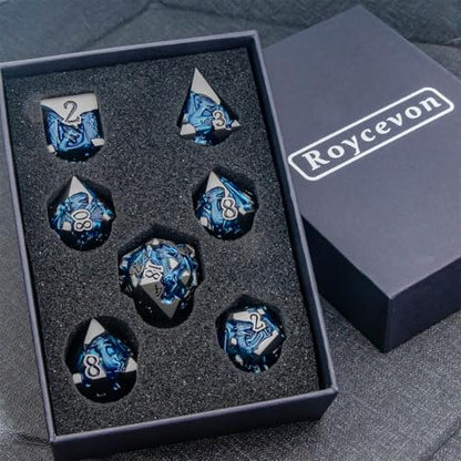 Roycevon Relief Dragon DND Dice Set for Role Playing Game, 7Pcs Metal D&D Dice Set Dungeons Dragons with Gift Box, Polyhedral D and D Dice D20 D12 D10 D8 D6 D4, Blue and Black - color: Blue and Black