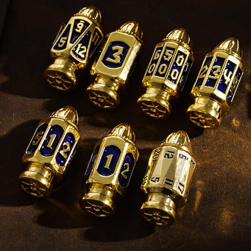UDIXI Metal DND Bullet Dice Set, D&D Bullet Polyhedral Dice Set Golden Blue | Cool Design, Magazines Container and PU Leather Bag, for Dungeons and Dragons Role Playing Games and Tabletop Games RPG - color: Golden Blue