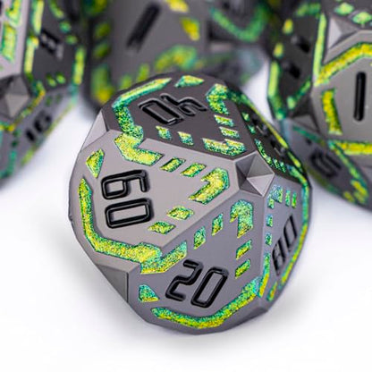 Metal DND Sci-fi Dice Set 7PCS Stripe Polyhedral Dice for Dungeons Dragons RPG Role Playing Game, Glitter D and D Dice with Gift Box D6 D8 D10 D12 D20 (Black&Green Yellow) - color: Black - Yellow Green