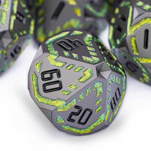 Metal DND Sci-fi Dice Set 7PCS Stripe Polyhedral Dice for Dungeons Dragons RPG Role Playing Game, Glitter D and D Dice with Gift Box D6 D8 D10 D12 D20 (Black&Green Yellow) - color: Black - Yellow Green