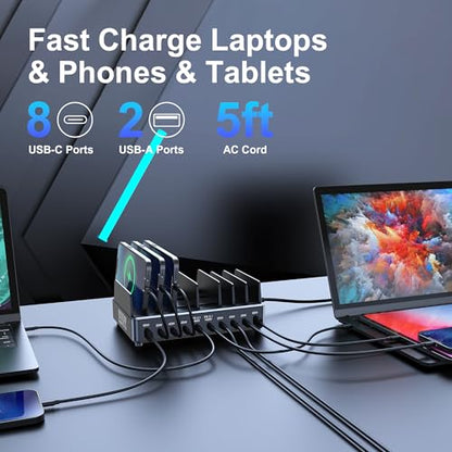 600W USB C Charging Station with Charging Stand (Black) | GaN Tech 10-Port PD3.1 140W QC60W Multiple Devices Charger Organizer for MacBook Laptop, iPad, iPhone and More
