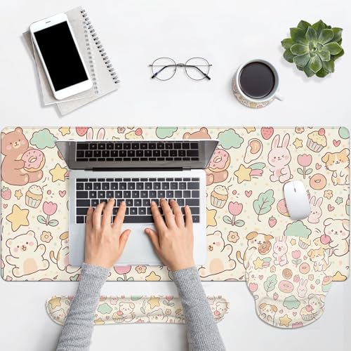 Britimes Kawaii Bunny Bear Keyboard Mouse Pad Set Cartoon Pink 4in1 Large Mousepad+Keyboard Wrist Rest+Mouse Wrist Rest+Coaster Ergonomic Design for Home Office Computer 35.4x15.7 inches - color: Pink Bunny