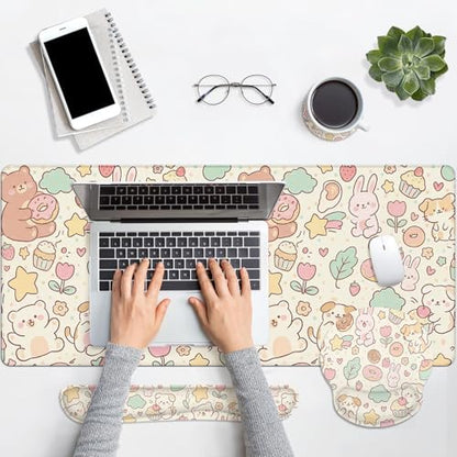 Britimes Kawaii Bunny Bear Keyboard Mouse Pad Set Cartoon Pink 4in1 Large Mousepad+Keyboard Wrist Rest+Mouse Wrist Rest+Coaster Ergonomic Design for Home Office Computer 35.4x15.7 inches - color: Pink Bunny