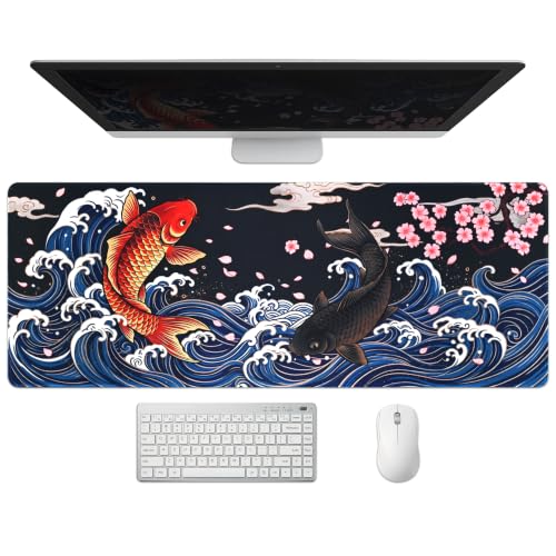 Extended Koi Fish Desk Mat, XL Large Gaming Mouse Pad, Japanese Great Wave Sakura Stitched Edges Waterproof with Non-Slip Rubber Base for Computer Keyboard Laptop Work Home Office 31.5"x11.8" - color: Koi Fish, size: 31.5" x 11.8"