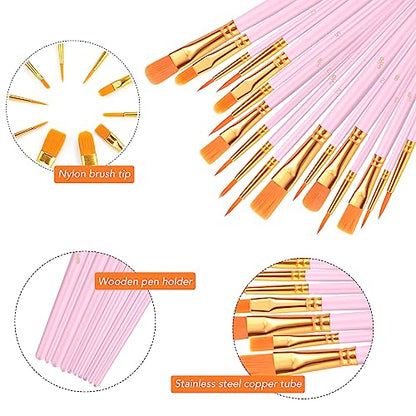 AROIC Acrylic Paint Brushes, 6 Packs/60 pcs Nylon Hair Paint Brush Set for All Purpose Oil Watercolor Painting Artist Professional Kits (Pink) - size: 60pcs-pink