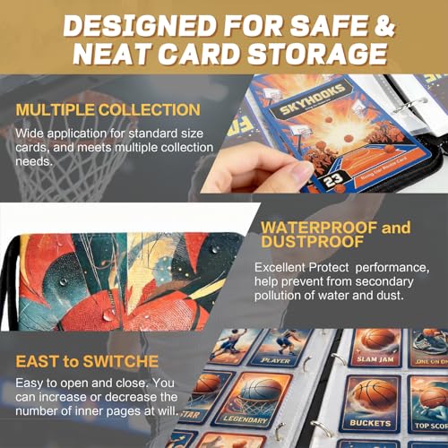 Basketball Card Binder with Sleeves, 9-Pocket Portable Card Protectors Album Holder Book with Zipper, Fits 900 Cards with 50 Removable Sleeves, Basketball Cards Display Storage Carrying Case -02 - color: Basketball-02