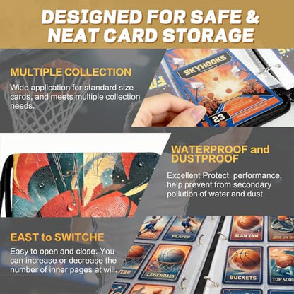 Basketball Card Binder with Sleeves, 9-Pocket Portable Card Protectors Album Holder Book with Zipper, Fits 900 Cards with 50 Removable Sleeves, Basketball Cards Display Storage Carrying Case -02 - color: Basketball-02