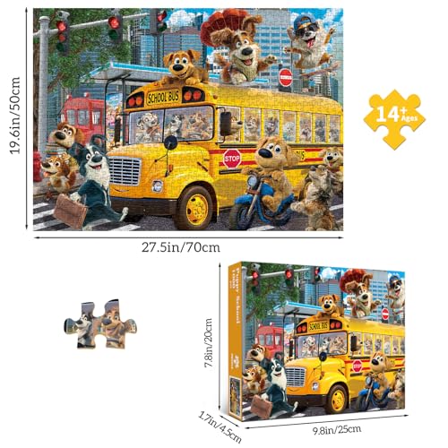 HUADADA 1000 Piece Puzzle for Adults, Cute Puppy School Bus Adventure | Eco matte oil print, eye strain relief, tight puzzle piece fit, vibrant colours - color: Cute Puppy School Bus Adventure