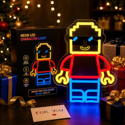 Building Blocks Man Neon Signs for Wall Decor - Block Figure LED Signs with Dimmer Switch, 8.7"x11.8", UV Printed, 5V Power Neon Lights for Boys Roo