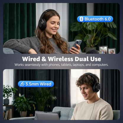 YMOO Noise Cancelling Headphones for Airplane, Wired Wireless ANC Headsets | Bluetooth 6.0 Over Ear Travel Headphones, LDAC Hi-Res Audio, 100H Playtime, Custom EQ via App