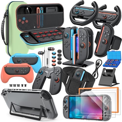 Switch 2 Accessories Bundle, 30-in-1 Kit for Nintendo Switch 2, Green | Carrying Case, Controller Charger Dock, Grips for JoyCon, Steering Wheels, Wrist &Leg Strap, Switch 2 Console Protective Case - color: Green (30Pcs)