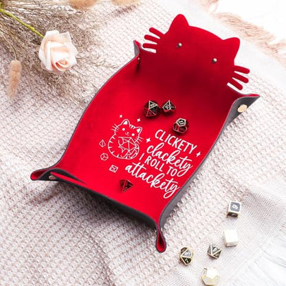 Red Cats Dice Tray Novelty Cat PU Leather Rolling Dice Tray Portable Dice Holder Cute Cat Desk Organizer Funny Gift for RPG, DND Game Players - color: Red