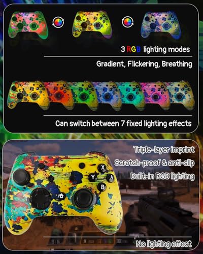 Wzuiсov RGB Wireless Game Controller for Switch/PC/iPhone/Android - Bluetooth & USB-C Wired with Phone Mount, USB C to A Adapter, Tablet, TV Box & Tesla Compatible - color: Greed&Yellow