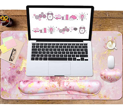 4-in-1 Large Gaming Mouse Pad, Keyboard Wrist Rest Pad & Wrist Support Mousepad Set, Extended Desk Pad Waterproof Desk Mat for Home Office Study Game-Pink Gold Marble - color: Pink Gold Marble-2