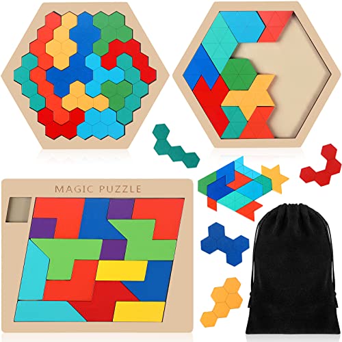 Yunsailing 3 Pack Large Wooden Blocks Puzzles Hexagon Tangram Puzzle Wooden Russian Brain Puzzles for Adult Challenge Teasers Geometric Jigsaw Logic Iq STEM Educational Gift Graduation(Fancy) - style: Fancy