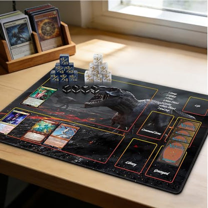 MTG Playmat with Storage Tube & 7-Dice Set - Waterproof TCG Playmat with Stitched Edges, Non-Slip Rubber Card Game Mat (24"x14") (playmat with Zones, Dinosaur) - color: Dinosaur, style: playmat with zones