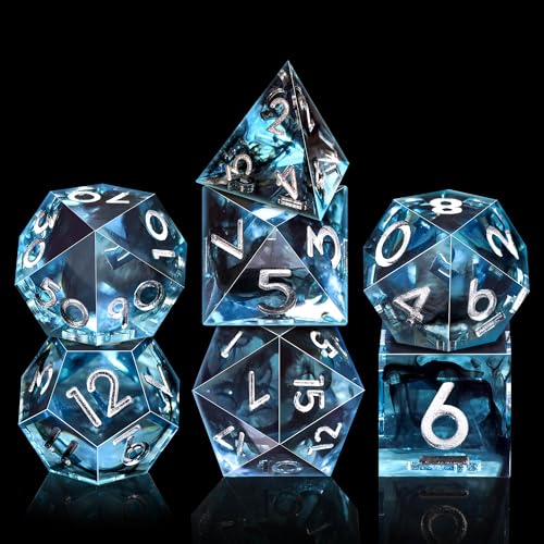 AUSTOR 7-Die DND Dice Set Handmade Sharp Edge Polyhedral Dice for Dungeons and Dragons D&D RPG MTG Table Games (Blue & Black, Silver) - color: Blue & Black，silver