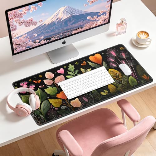 Large Gaming Mouse Pad, XL Desk Protector, Non-Slip Base | 31.5x15.7 in Extended Desk Mat with Stitched Edges for Keyboard, Work, Game, Office, Home PC and Laptop - color: Heart Flowers