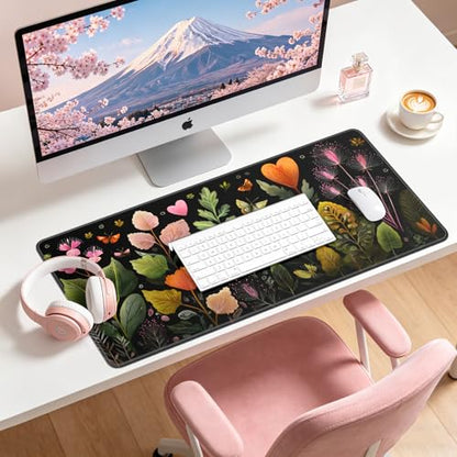 Large Gaming Mouse Pad, XL Desk Protector, Non-Slip Base | 31.5x15.7 in Extended Desk Mat with Stitched Edges for Keyboard, Work, Game, Office, Home PC and Laptop - color: Heart Flowers