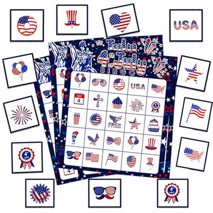 4th of July Bingo Game Cards, 24 Players Patriotic Bingo Cards, Fourth of July Bingos Game for Adults Outdoor Family Friends Student Large Group Activities Independence Day Party Favors Supplies - color: Red and Blue