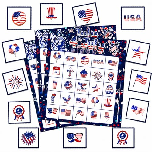 4th of July Bingo Game Cards, 24 Players Patriotic Bingo Cards, Fourth of July Bingos Game for Adults Outdoor Family Friends Student Large Group Activities Independence Day Party Favors Supplies - color: Red and Blue