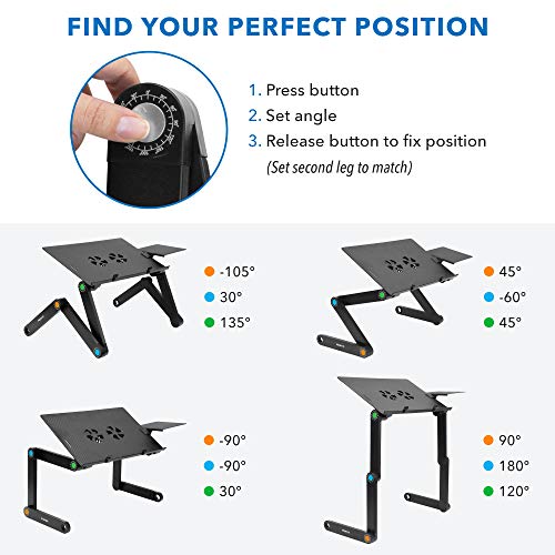 Mount-It! Adjustable Laptop Stand & Lap Desk with USB Cooling Fans, Large Aluminum Laptop Tray with Mouse Pad, Portable Sit-Stand Laptop Desk for Bed, Couch & Table