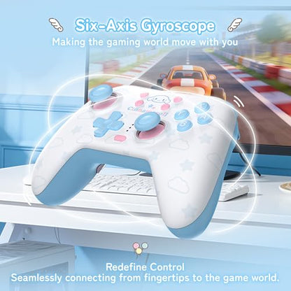 Kuitmor Cinnamoroll Switch Pro Controller, Cute Hall Effect Wireless Gamepad No Drift for Switch 2/Switch/OLED/Lite, PC/Steam, Android, iOS, Bluetooth + Wired, Turbo, Back Buttons, 6-Aixs Gyro, Wake-up, RGB (Blue, Without 2.4g Receiver) - color: Blue
